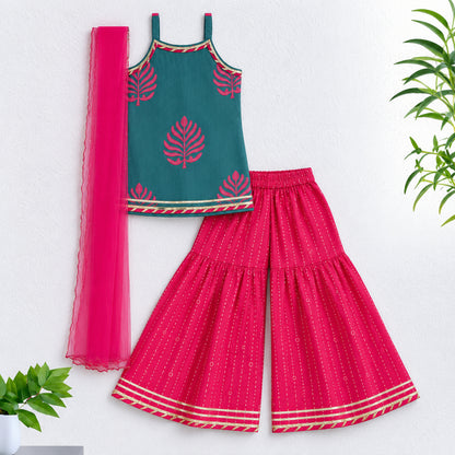 The Magic Wand Cambric Woven Strappy Leaf Printed Kurti And Dotted Stripe Sharara Set With Dupatta - Blue