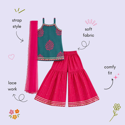 The Magic Wand Cambric Woven Strappy Leaf Printed Kurti And Dotted Stripe Sharara Set With Dupatta - Blue