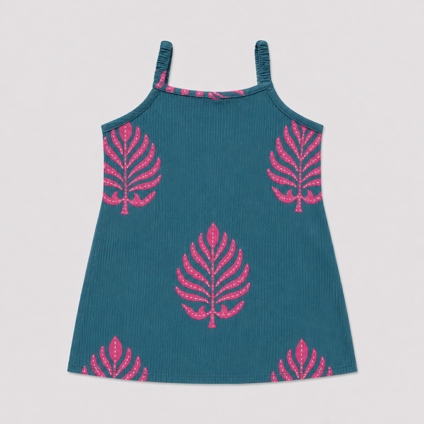 The Magic Wand Cambric Woven Strappy Leaf Printed Kurti And Dotted Stripe Sharara Set With Dupatta - Blue