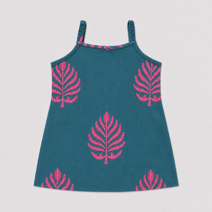 The Magic Wand Cambric Woven Strappy Leaf Printed Kurti And Dotted Stripe Sharara Set With Dupatta - Blue