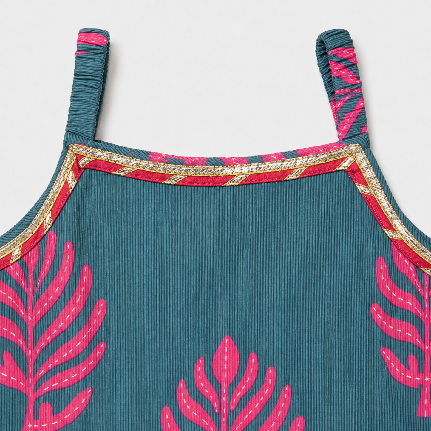 The Magic Wand Cambric Woven Strappy Leaf Printed Kurti And Dotted Stripe Sharara Set With Dupatta - Blue
