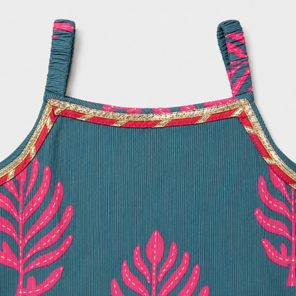 The Magic Wand Cambric Woven Strappy Leaf Printed Kurti And Dotted Stripe Sharara Set With Dupatta - Blue