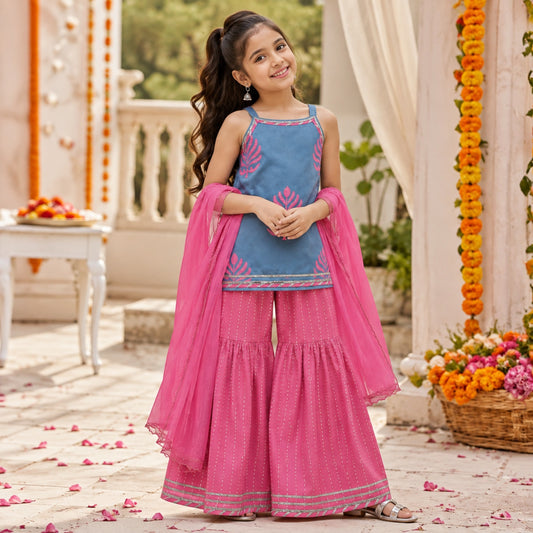 The Magic Wand Cambric Woven Strappy Leaf Printed Kurti And Dotted Stripe Sharara Set With Dupatta - Blue