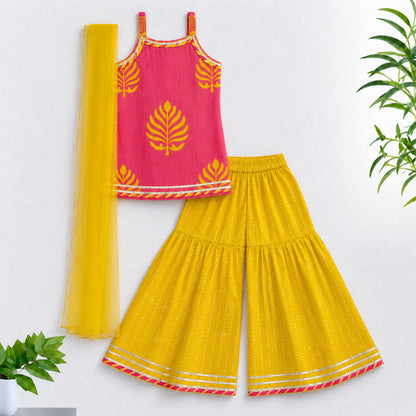 The Magic Wand Cambric Woven Strappy Leaf Printed Kurti And Dotted Stripe Sharara Set With Dupatta - Pink