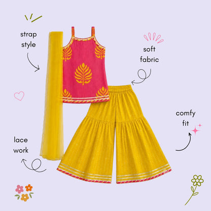 The Magic Wand Cambric Woven Strappy Leaf Printed Kurti And Dotted Stripe Sharara Set With Dupatta - Pink