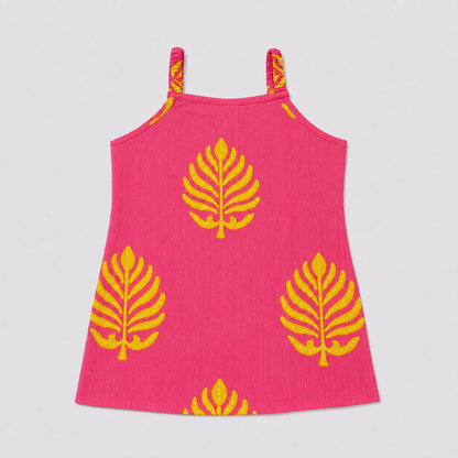The Magic Wand Cambric Woven Strappy Leaf Printed Kurti And Dotted Stripe Sharara Set With Dupatta - Pink