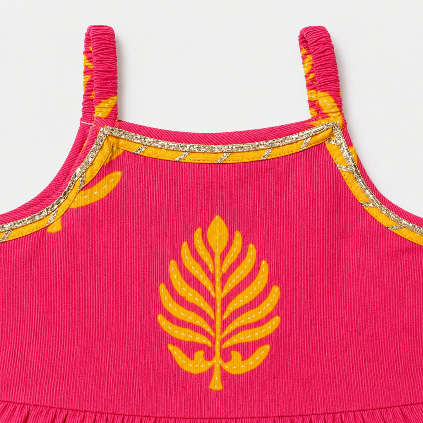 The Magic Wand Cambric Woven Strappy Leaf Printed Kurti And Dotted Stripe Sharara Set With Dupatta - Pink