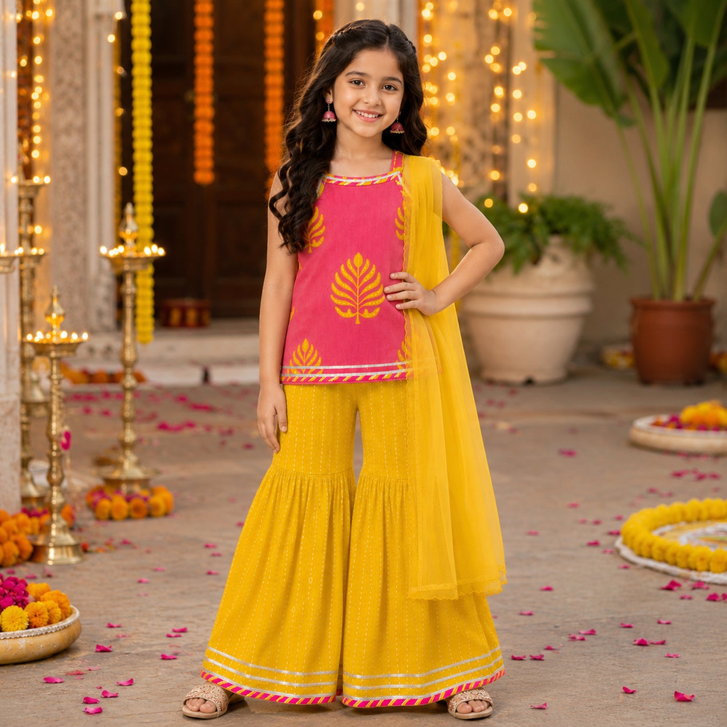 The Magic Wand Cambric Woven Strappy Leaf Printed Kurti And Dotted Stripe Sharara Set With Dupatta - Pink