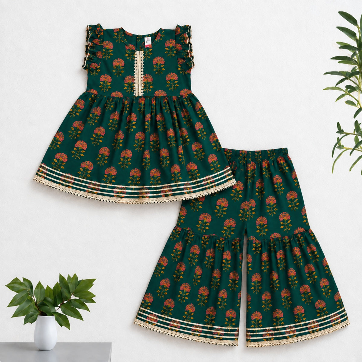 The Magic Wand Cambric Woven Ruffle Sleeves Floral Buti Printed Kurti And Sharara Set - Navy Blue