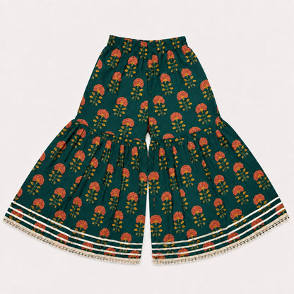 The Magic Wand Cambric Woven Ruffle Sleeves Floral Buti Printed Kurti And Sharara Set - Navy Blue