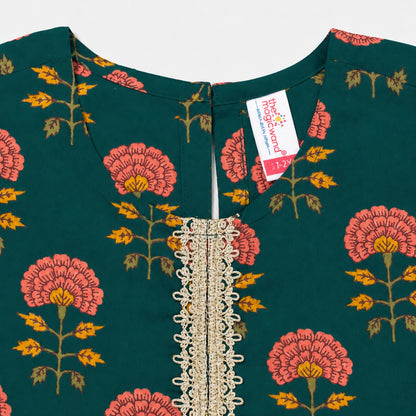 The Magic Wand Cambric Woven Ruffle Sleeves Floral Buti Printed Kurti And Sharara Set - Navy Blue