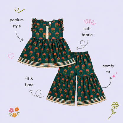 The Magic Wand Cambric Woven Ruffle Sleeves Floral Buti Printed Kurti And Sharara Set - Navy Blue