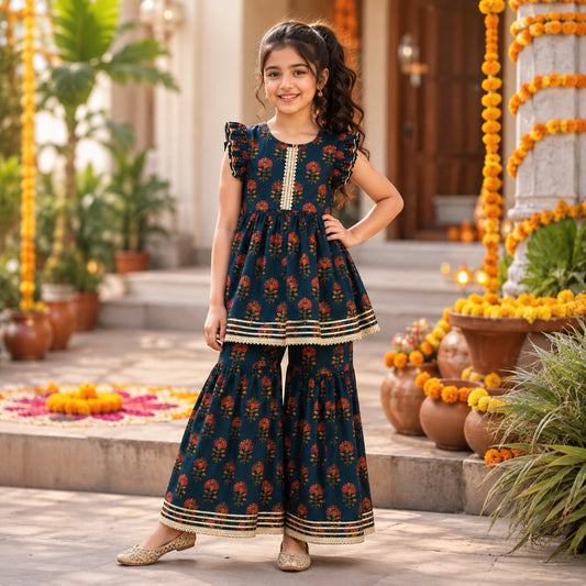 The Magic Wand Cambric Woven Ruffle Sleeves Floral Buti Printed Kurti And Sharara Set - Navy Blue