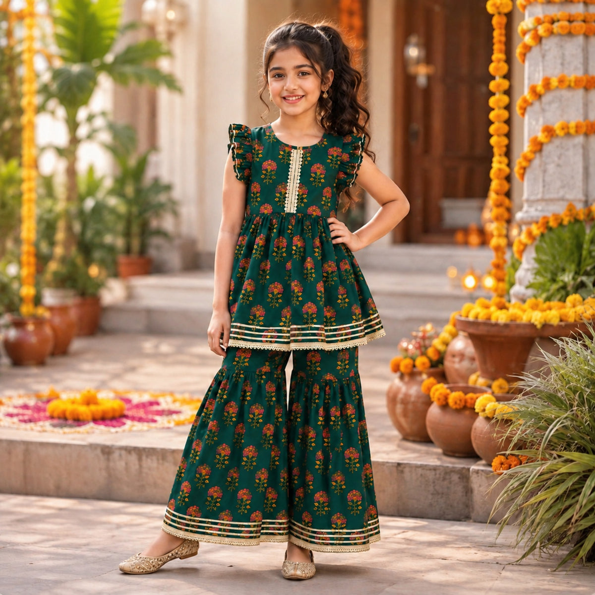 The Magic Wand Cambric Woven Ruffle Sleeves Floral Buti Printed Kurti And Sharara Set - Navy Blue