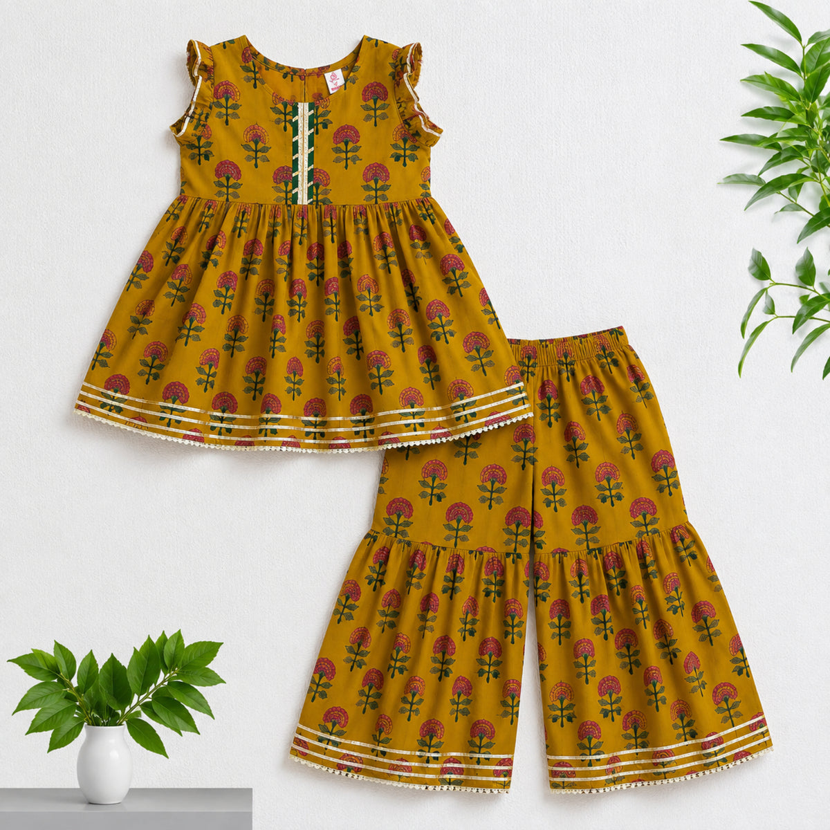 The Magic Wand Cambric Woven Ruffle Sleeves Floral Buti Printed Kurti And Sharara Set - Mustard