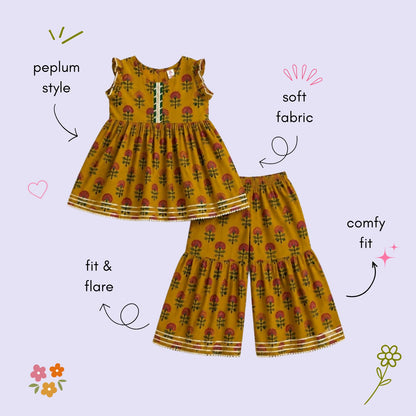 The Magic Wand Cambric Woven Ruffle Sleeves Floral Buti Printed Kurti And Sharara Set - Mustard