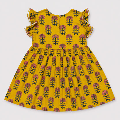 The Magic Wand Cambric Woven Ruffle Sleeves Floral Buti Printed Kurti And Sharara Set - Mustard