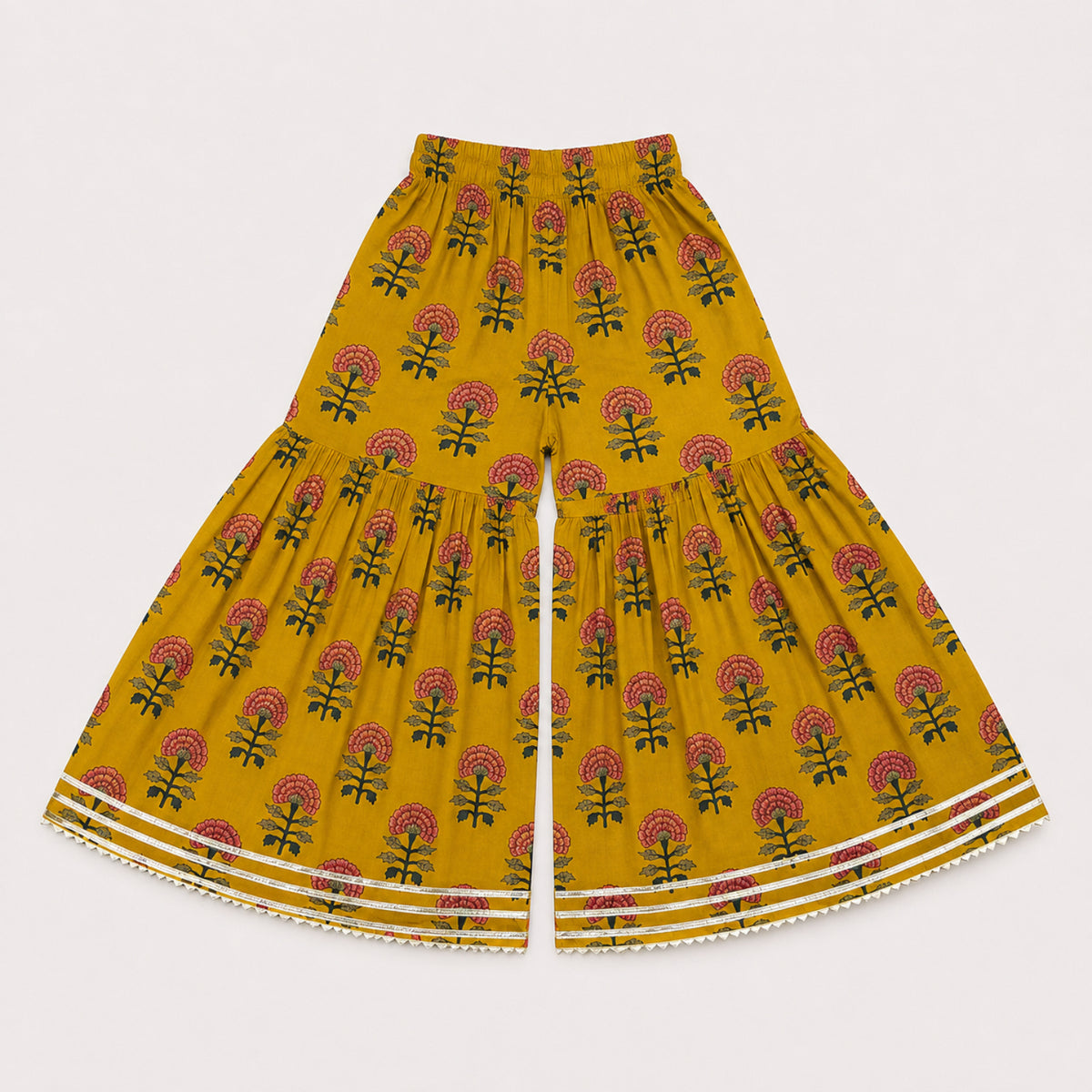 The Magic Wand Cambric Woven Ruffle Sleeves Floral Buti Printed Kurti And Sharara Set - Mustard