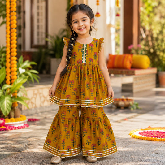 The Magic Wand Cambric Woven Ruffle Sleeves Floral Buti Printed Kurti And Sharara Set - Mustard