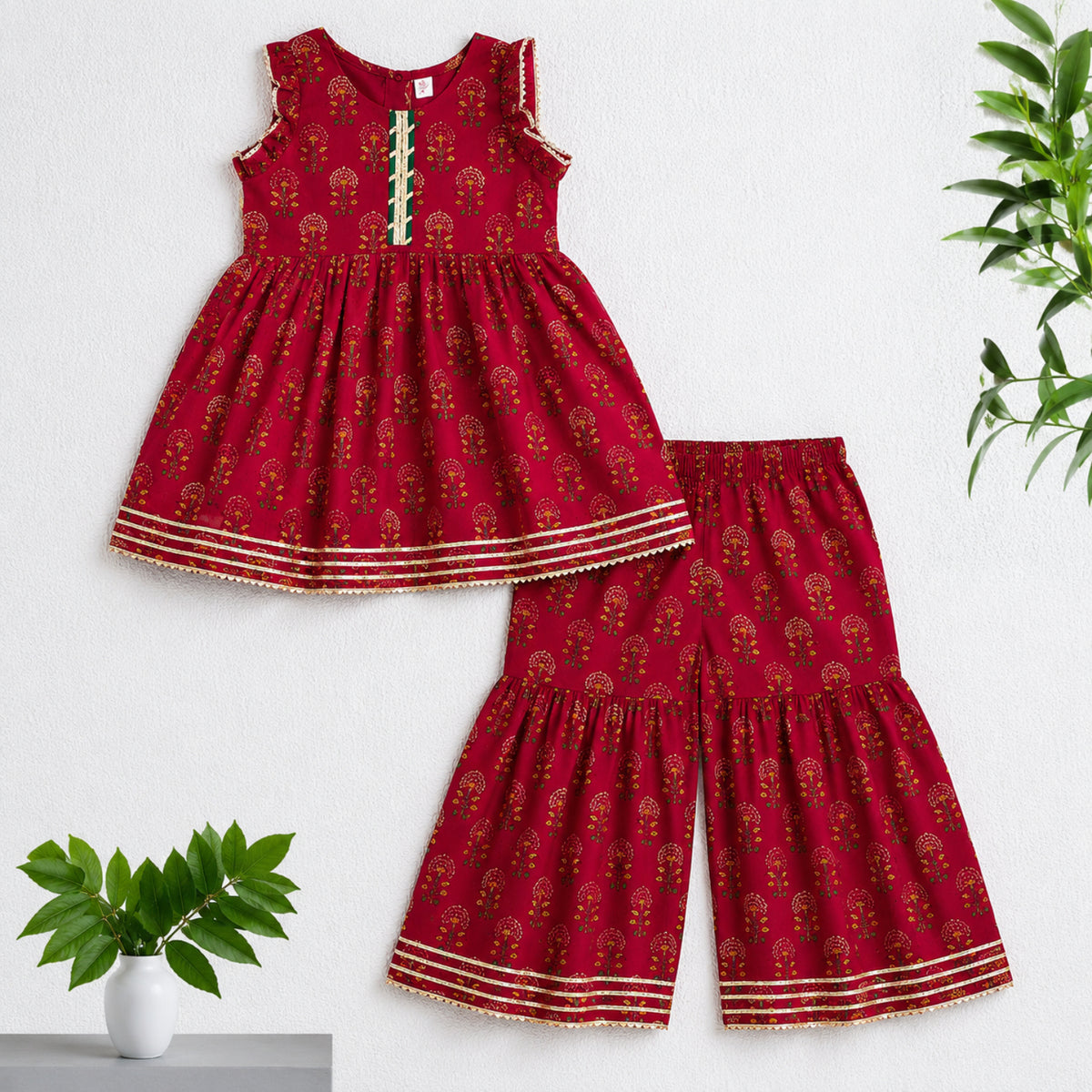 The Magic Wand Cambric Woven Ruffle Sleeves Floral Buti Printed Kurti And Sharara Set - Cherry Red