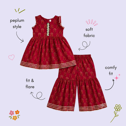 The Magic Wand Cambric Woven Ruffle Sleeves Floral Buti Printed Kurti And Sharara Set - Cherry Red