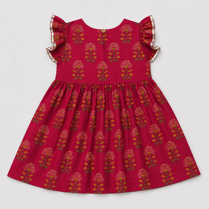 The Magic Wand Cambric Woven Ruffle Sleeves Floral Buti Printed Kurti And Sharara Set - Cherry Red