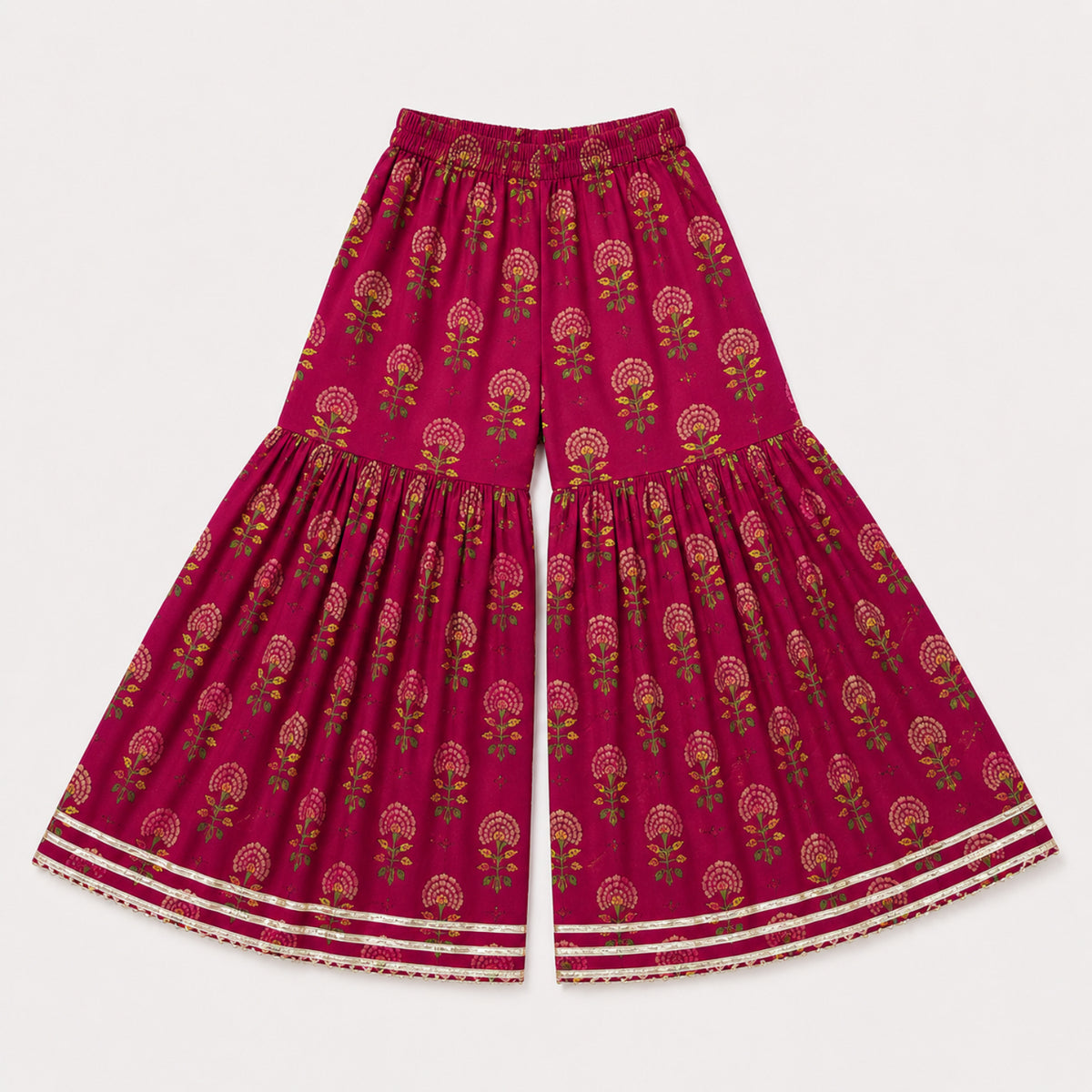 The Magic Wand Cambric Woven Ruffle Sleeves Floral Buti Printed Kurti And Sharara Set - Cherry Red