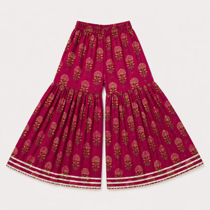 The Magic Wand Cambric Woven Ruffle Sleeves Floral Buti Printed Kurti And Sharara Set - Cherry Red