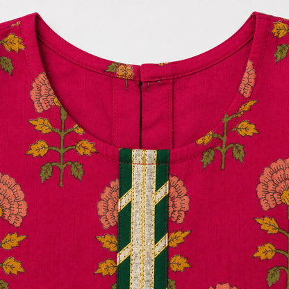 The Magic Wand Cambric Woven Ruffle Sleeves Floral Buti Printed Kurti And Sharara Set - Cherry Red