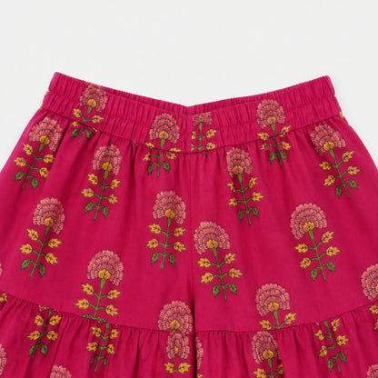 The Magic Wand Cambric Woven Ruffle Sleeves Floral Buti Printed Kurti And Sharara Set - Cherry Red