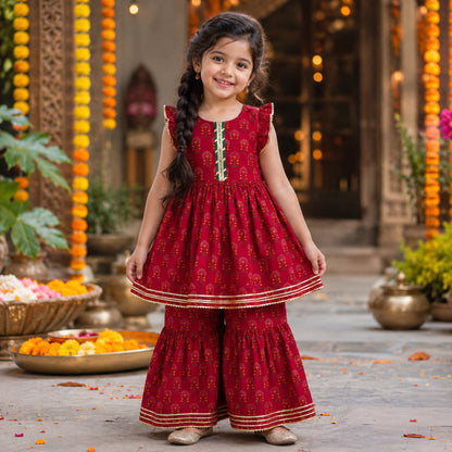 The Magic Wand Cambric Woven Ruffle Sleeves Floral Buti Printed Kurti And Sharara Set - Cherry Red