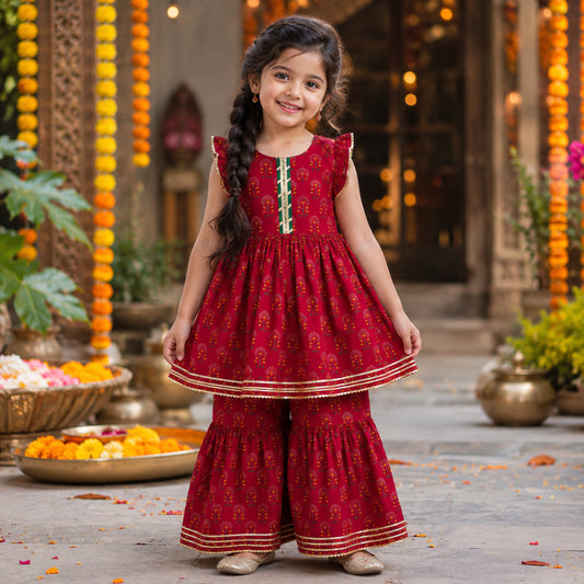 The Magic Wand Cambric Woven Ruffle Sleeves Floral Buti Printed Kurti And Sharara Set - Cherry Red