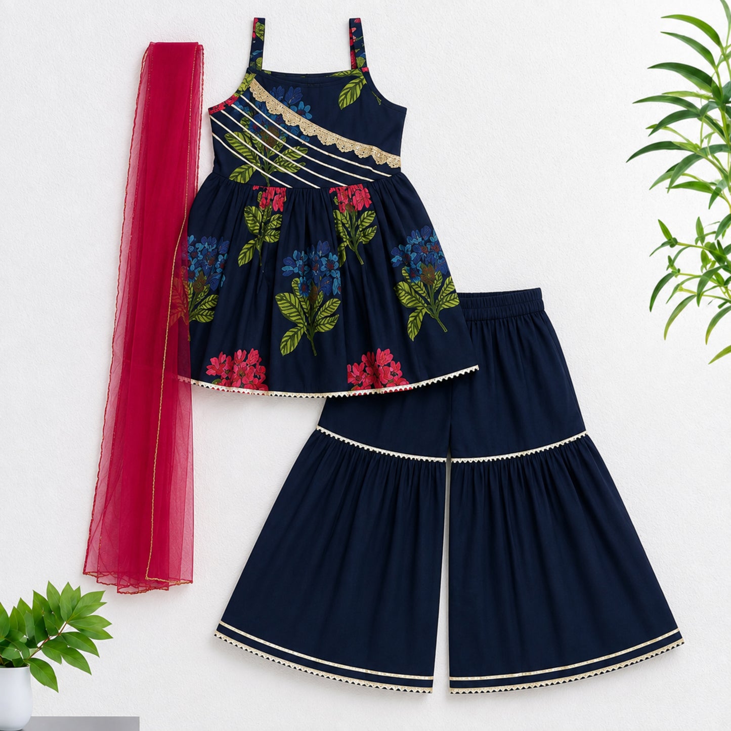 The Magic Wand Cambric Woven Strappy Floral Printed Peplum Top And Sharara Set With Dupatta - Navy Blue