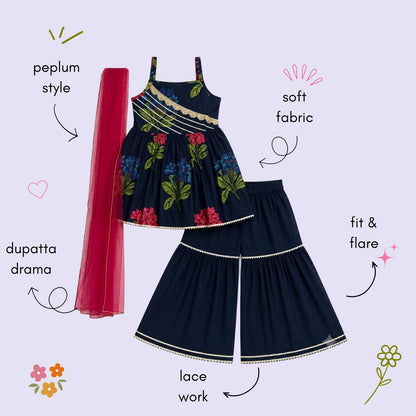 The Magic Wand Cambric Woven Strappy Floral Printed Peplum Top And Sharara Set With Dupatta - Navy Blue