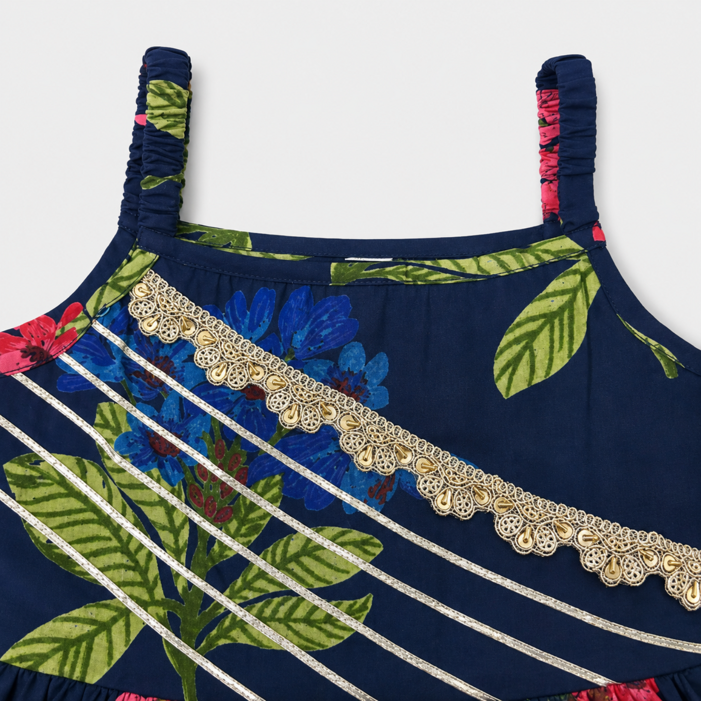 The Magic Wand Cambric Woven Strappy Floral Printed Peplum Top And Sharara Set With Dupatta - Navy Blue
