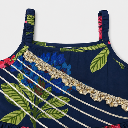 The Magic Wand Cambric Woven Strappy Floral Printed Peplum Top And Sharara Set With Dupatta - Navy Blue