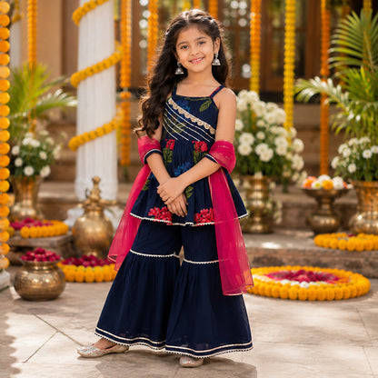 The Magic Wand Cambric Woven Strappy Floral Printed Peplum Top And Sharara Set With Dupatta - Navy Blue