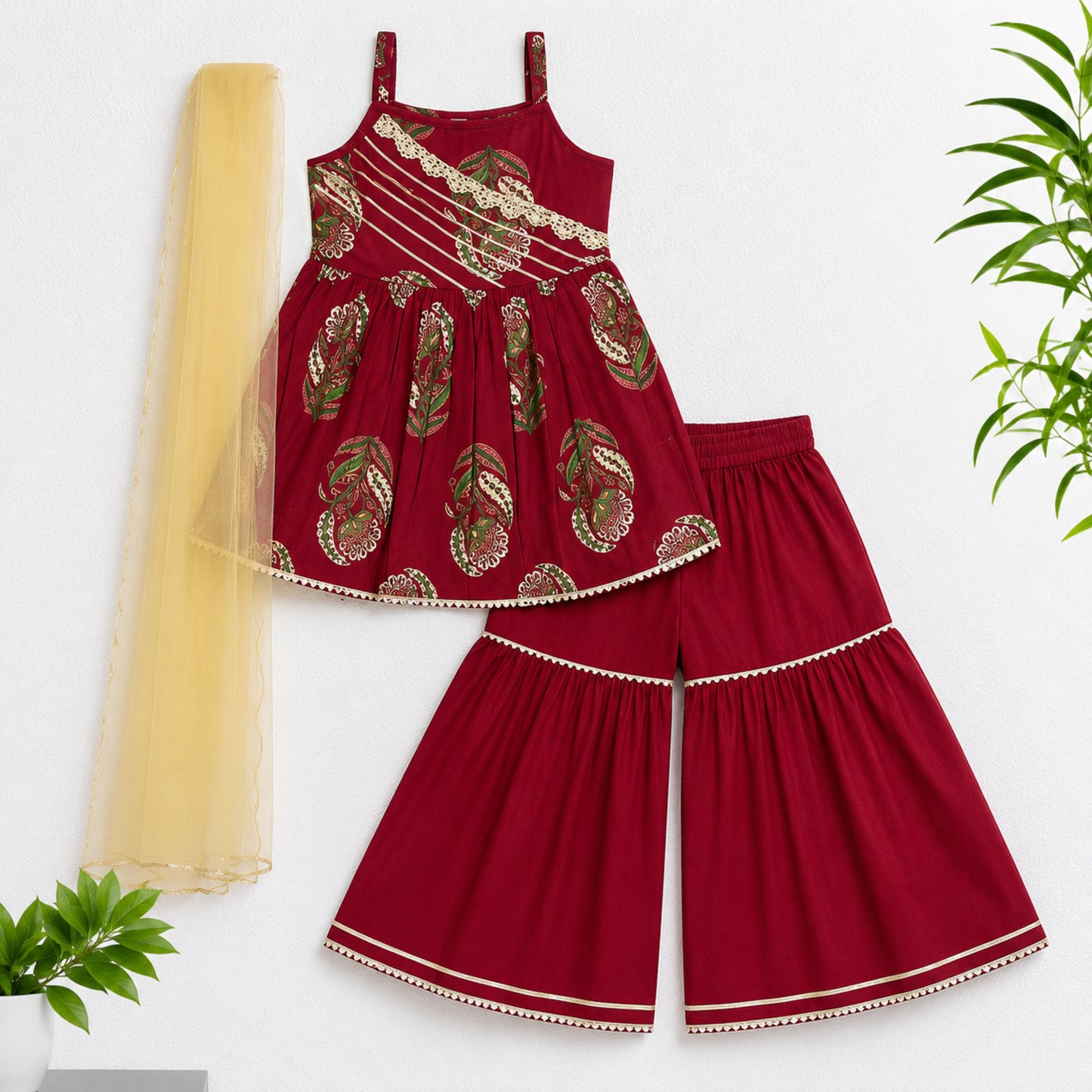 The Magic Wand Cambric Woven Strappy Paisley Printed Peplum Top And Sharara Set With Dupatta - Red
