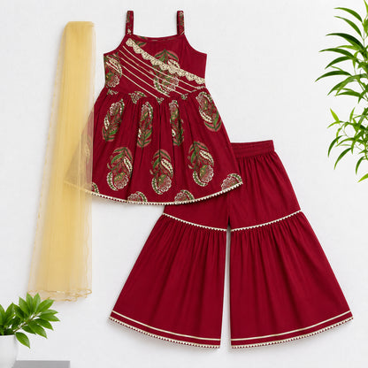The Magic Wand Cambric Woven Strappy Paisley Printed Peplum Top And Sharara Set With Dupatta - Red