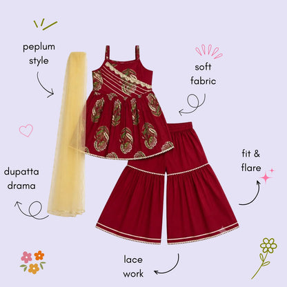 The Magic Wand Cambric Woven Strappy Paisley Printed Peplum Top And Sharara Set With Dupatta - Red