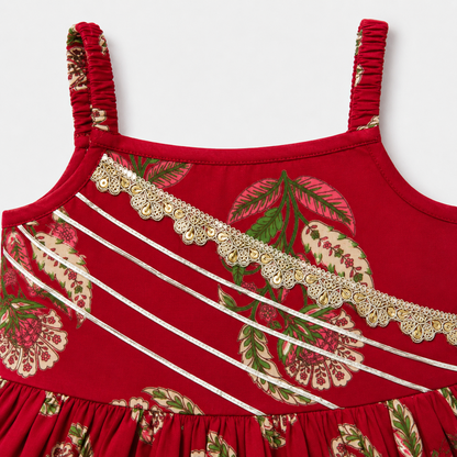 The Magic Wand Cambric Woven Strappy Paisley Printed Peplum Top And Sharara Set With Dupatta - Red