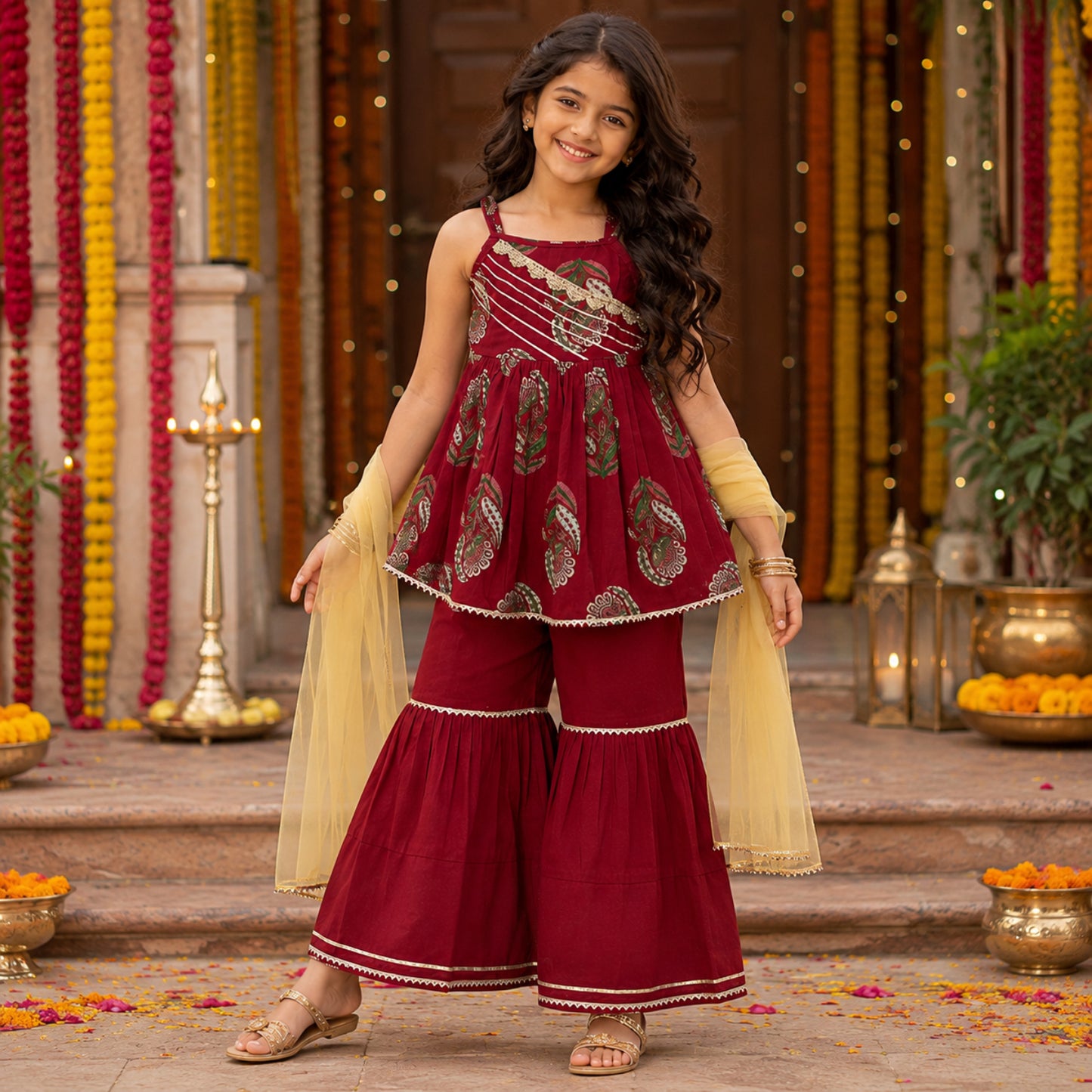 The Magic Wand Cambric Woven Strappy Paisley Printed Peplum Top And Sharara Set With Dupatta - Red
