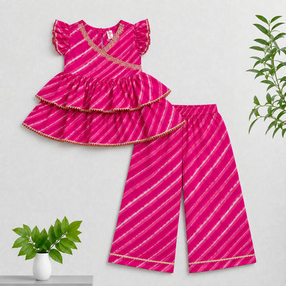 The Magic Wand Cambric Woven Ruffle Sleeves Leheriya Printed Layered Peplum Top And Pant Set - Pink