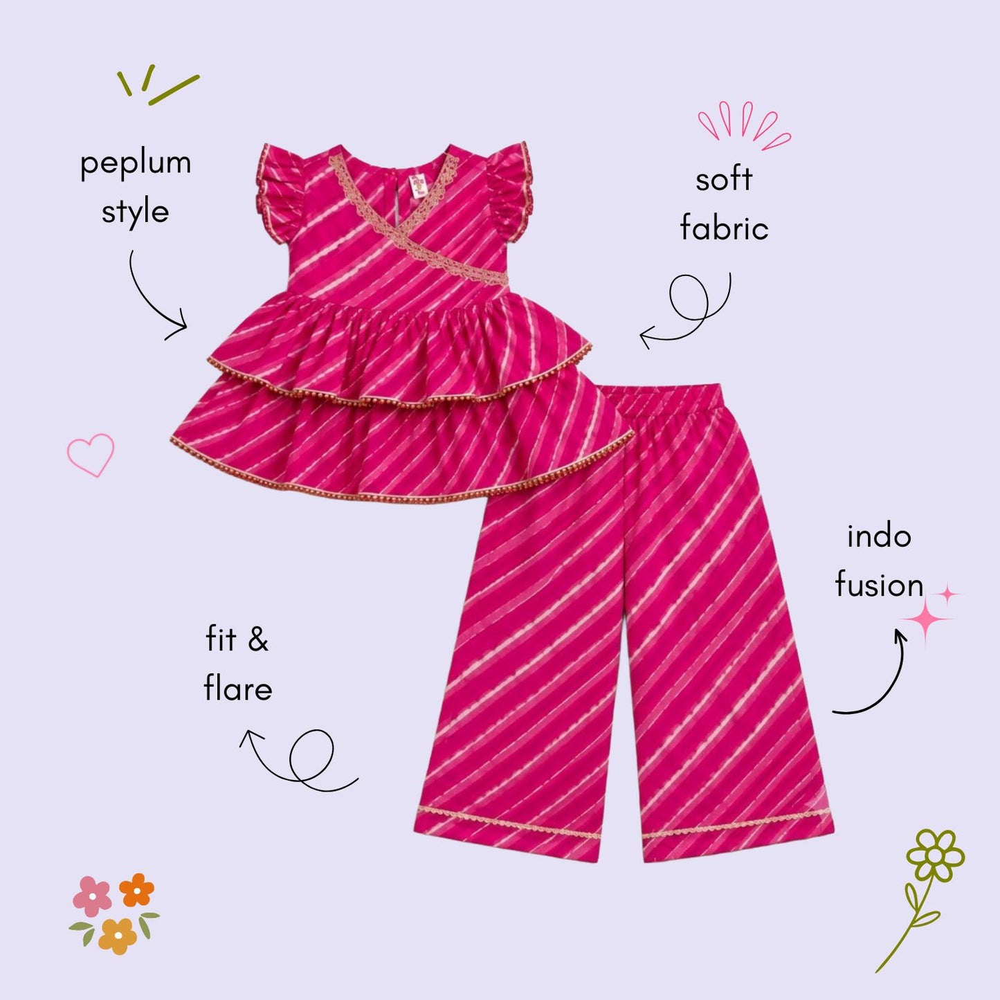 The Magic Wand Cambric Woven Ruffle Sleeves Leheriya Printed Layered Peplum Top And Pant Set - Pink