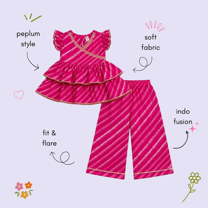 The Magic Wand Cambric Woven Ruffle Sleeves Leheriya Printed Layered Peplum Top And Pant Set - Pink