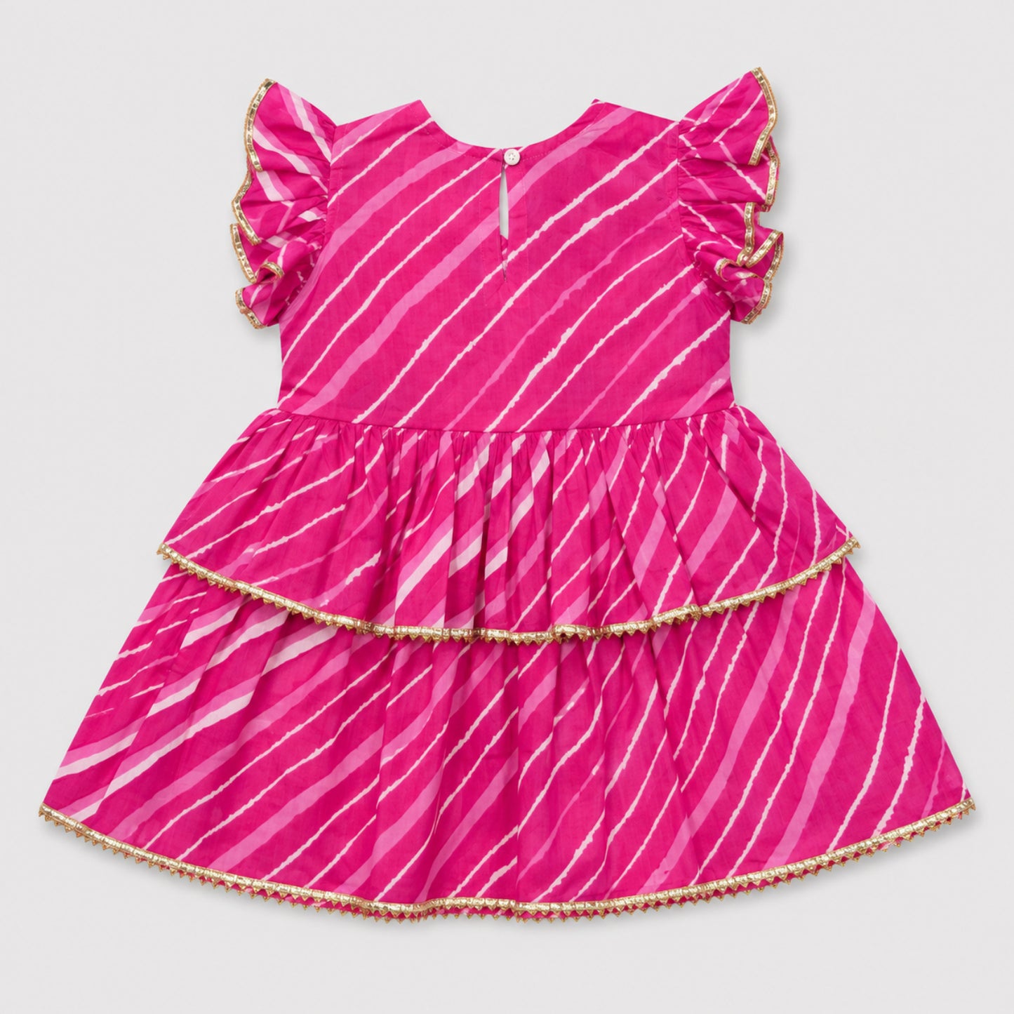 The Magic Wand Cambric Woven Ruffle Sleeves Leheriya Printed Layered Peplum Top And Pant Set - Pink