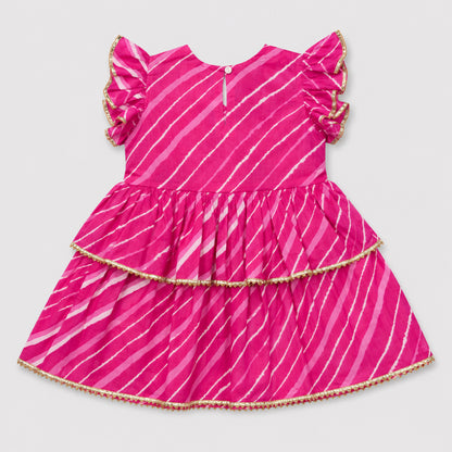 The Magic Wand Cambric Woven Ruffle Sleeves Leheriya Printed Layered Peplum Top And Pant Set - Pink