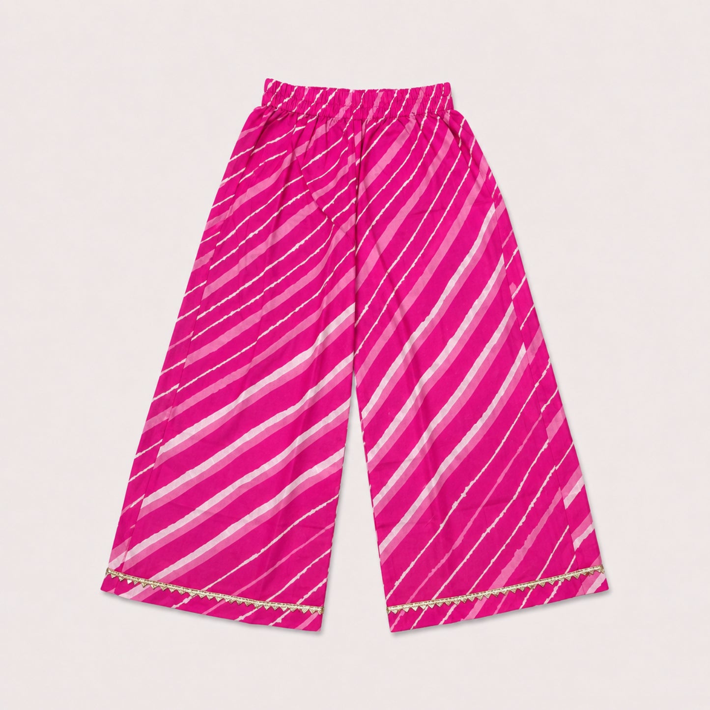 The Magic Wand Cambric Woven Ruffle Sleeves Leheriya Printed Layered Peplum Top And Pant Set - Pink