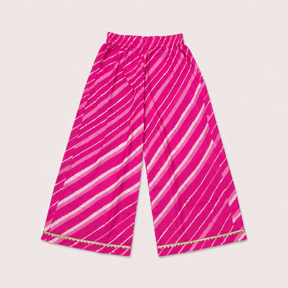 The Magic Wand Cambric Woven Ruffle Sleeves Leheriya Printed Layered Peplum Top And Pant Set - Pink