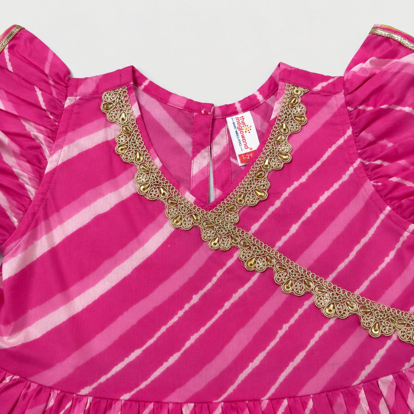 The Magic Wand Cambric Woven Ruffle Sleeves Leheriya Printed Layered Peplum Top And Pant Set - Pink